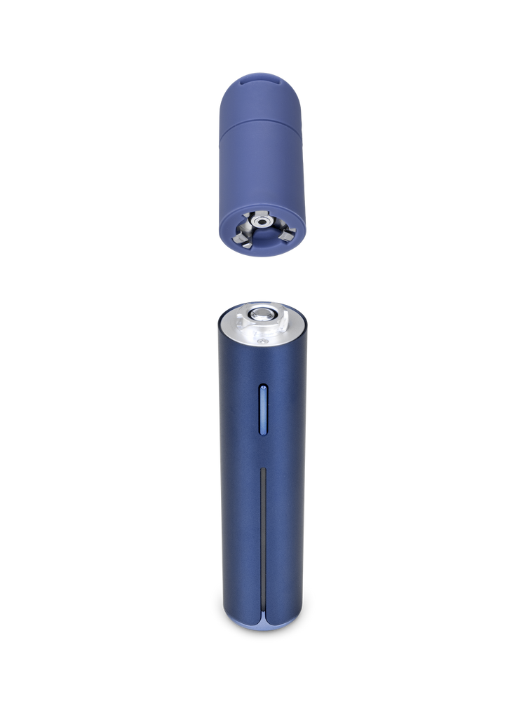 Puffco Pivot Sapphire dab pen with quick-release 3D Chamber separated from the blue base