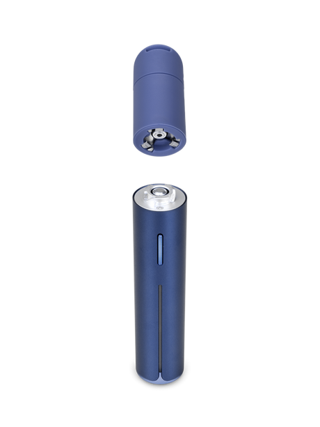 Puffco Pivot Sapphire dab pen with quick-release 3D Chamber separated from the blue base