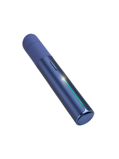 Puffco Pivot Sapphire dab pen angled front view showing blue finish and illuminated light bar