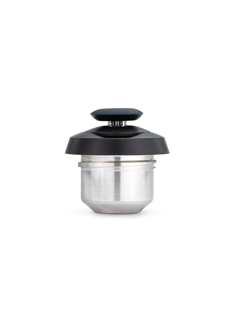 Side view of Puffco Proxy 3D chamber in Onyx showing stainless steel cup and low profile black joystick cap against white background