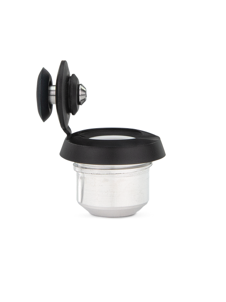 Puffco Proxy 3D chamber in Onyx with cap flipped open to reveal inner hardware and stainless steel concentrate bowl
