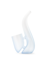 Haze Puffco New Proxy Bub glass bubbler left view, frosted blue body with tilted cup chamber for use with New Proxy base.