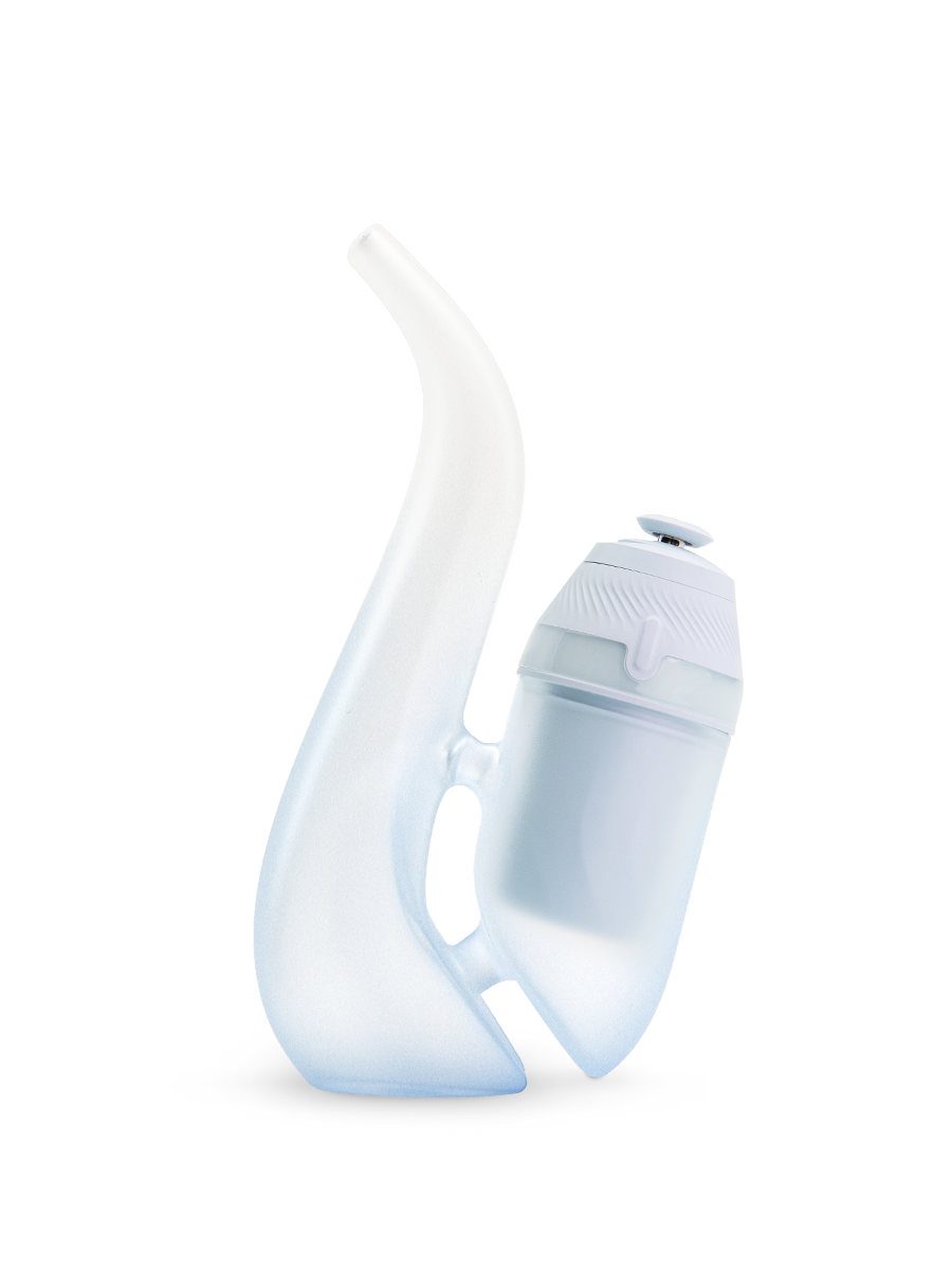 Haze Puffco New Proxy Bub with New Proxy base seated in joint, frosted blue body ready to be filled for smooth water hits.