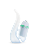 Haze Puffco New Proxy Bub and New Proxy base assembled, green band lit to show active, water-filled bubbler during use.