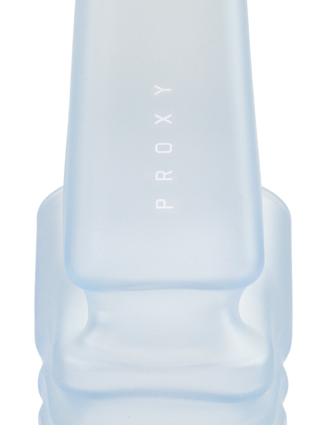 Close-up of Haze Puffco New Proxy Wizard back section showing frosted blue glass, sculpted grip and subtle PROXY logo on the stem.