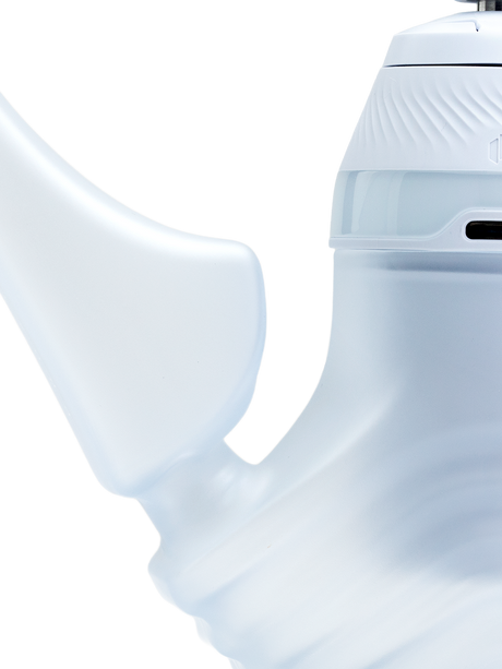 Detail view of Haze Puffco New Proxy Wizard joint area and handle, highlighting smooth frosted glass connection where the New Proxy base sits.
