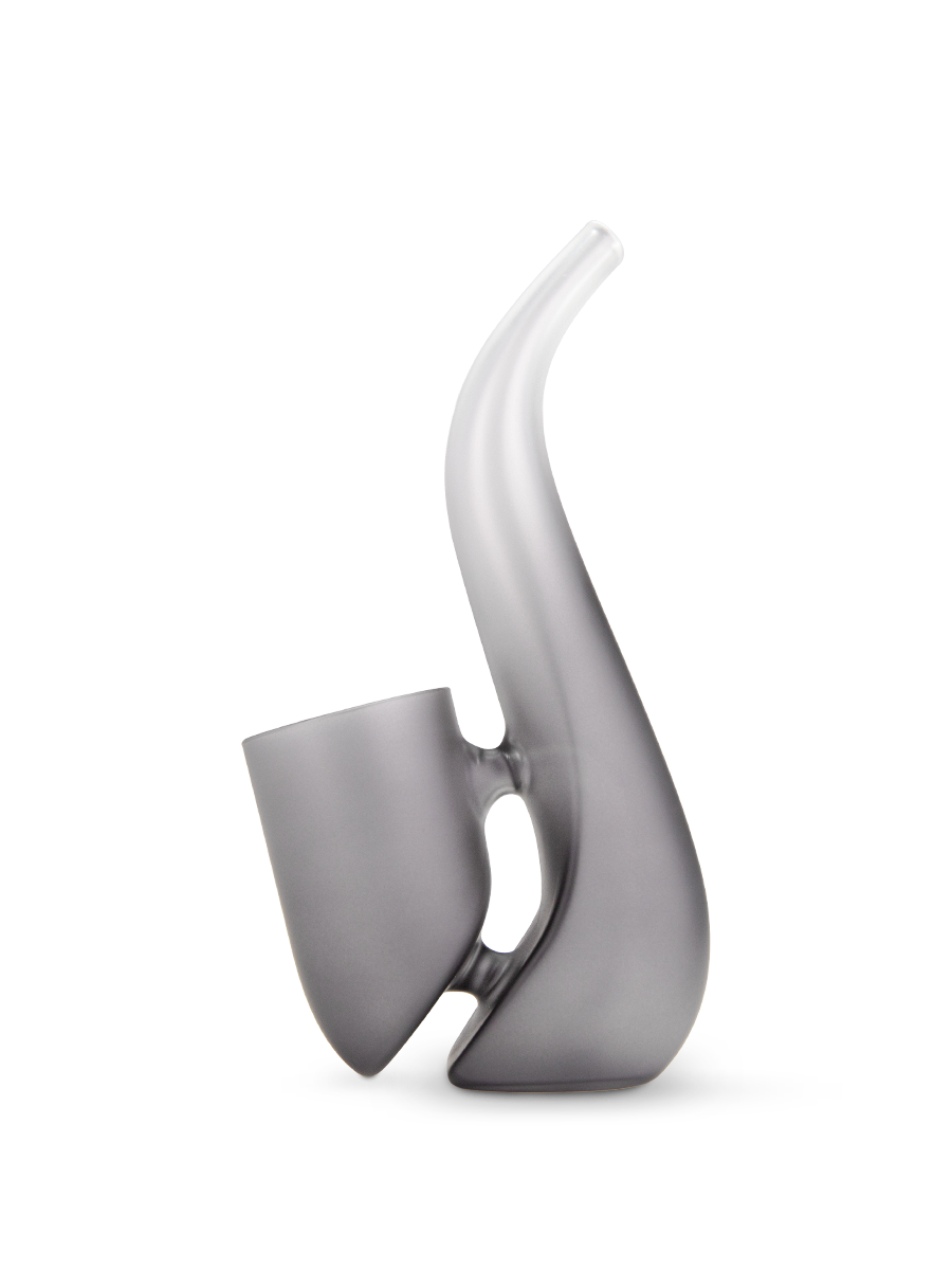 Onyx Puffco New Proxy Bub glass bubbler left view, matte gray frosted body with ergonomic grip and angled cup chamber.