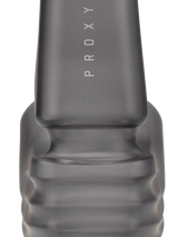 Close-up of Onyx Puffco New Proxy Wizard back section, smoky gray frosted glass with ribbed grip and vertical PROXY branding on the stem.