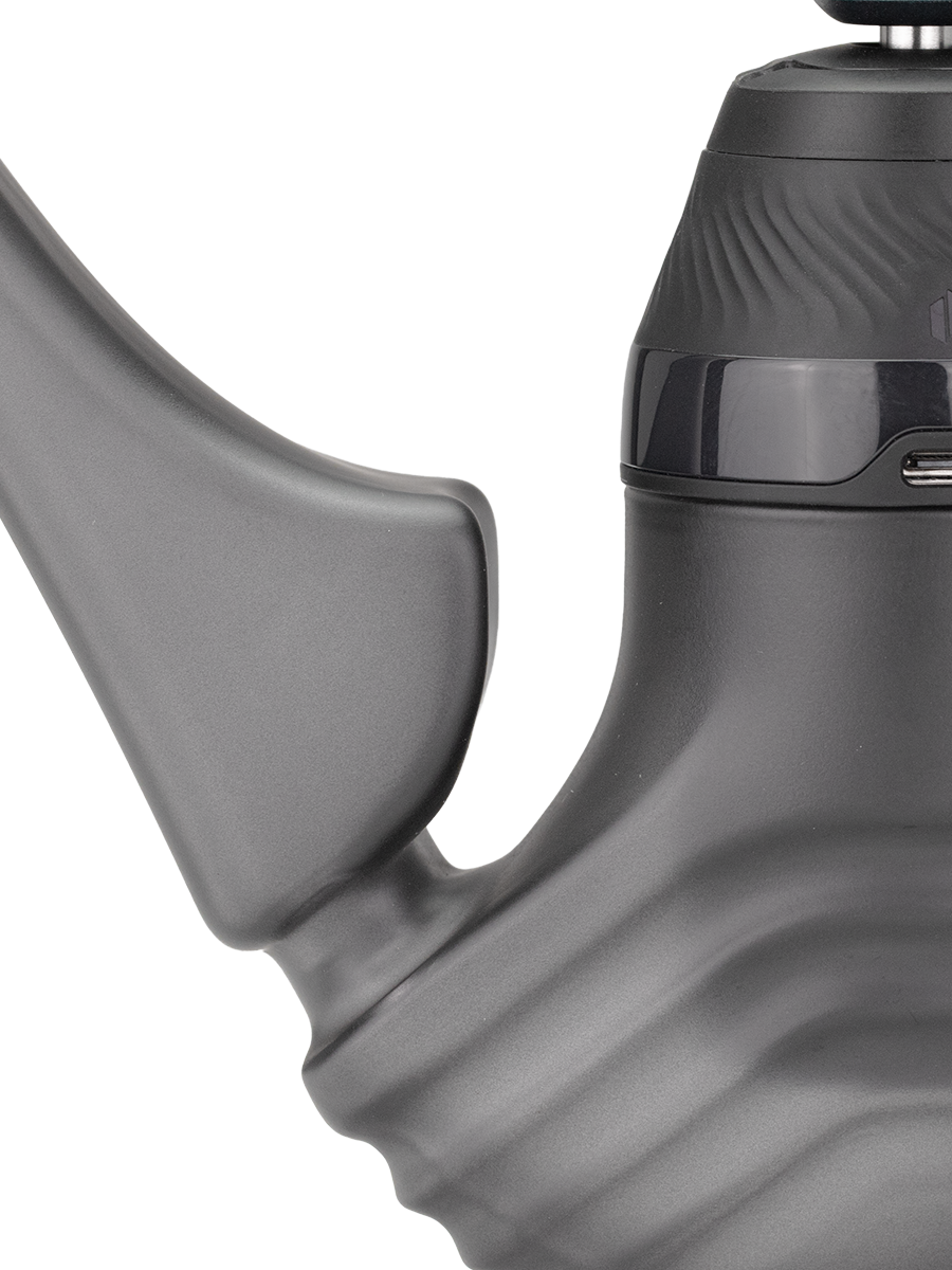 Detail view of Onyx Puffco New Proxy Wizard joint and handle, showing attachment point and ergonomic thumb rest for the Proxy vaporizer base.