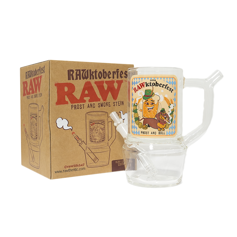 RAWktoberfest Prost and Smoke glass stein beside box with cone adapter and printed front artwork