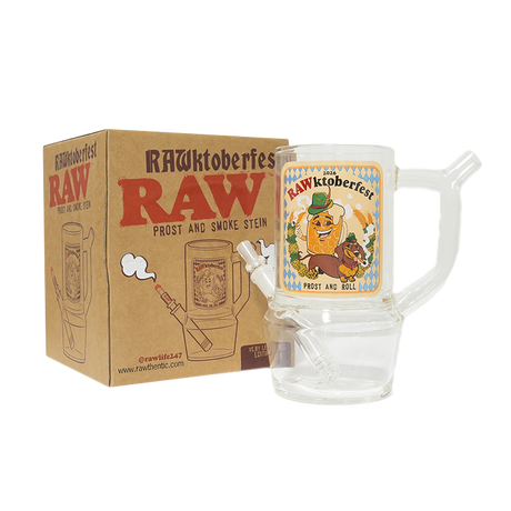 RAWktoberfest Prost and Smoke glass stein beside box with cone adapter and printed front artwork