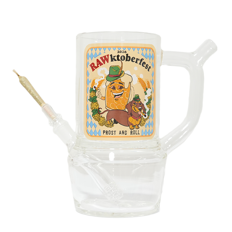 RAW glass stein with cone adapter installed, Oktoberfest label art, clear handle, and lower chamber
