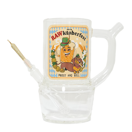RAW glass stein with cone adapter installed, Oktoberfest label art, clear handle, and lower chamber