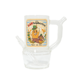 Close-up of RAWktoberfest glass stein showing clear handle, chamber, downstem, and front label