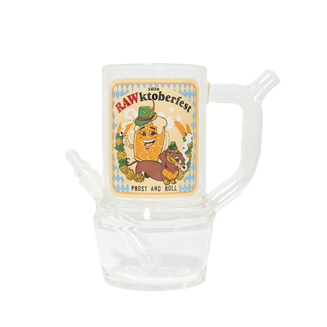 Close-up of RAWktoberfest glass stein showing clear handle, chamber, downstem, and front label