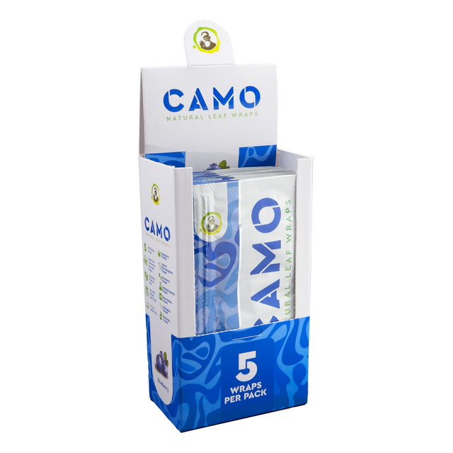 CAMO Blueberry natural leaf wraps display with 25 pouches and fruit-themed retail packaging