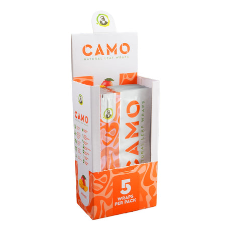 CAMO Mango natural leaf wraps display with 25 pouches in bright fruit-themed retail packaging