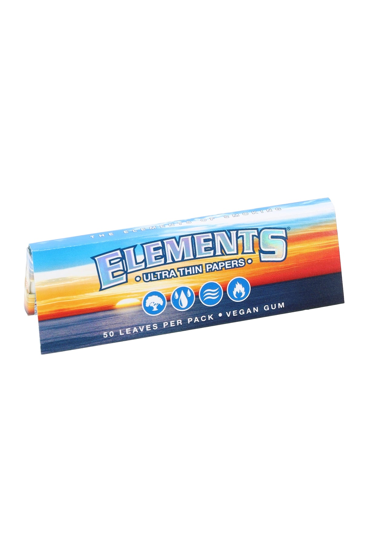 Elements 1¼ rolling papers pack with blue sunset design and 50-leaf booklet shown in angled product view