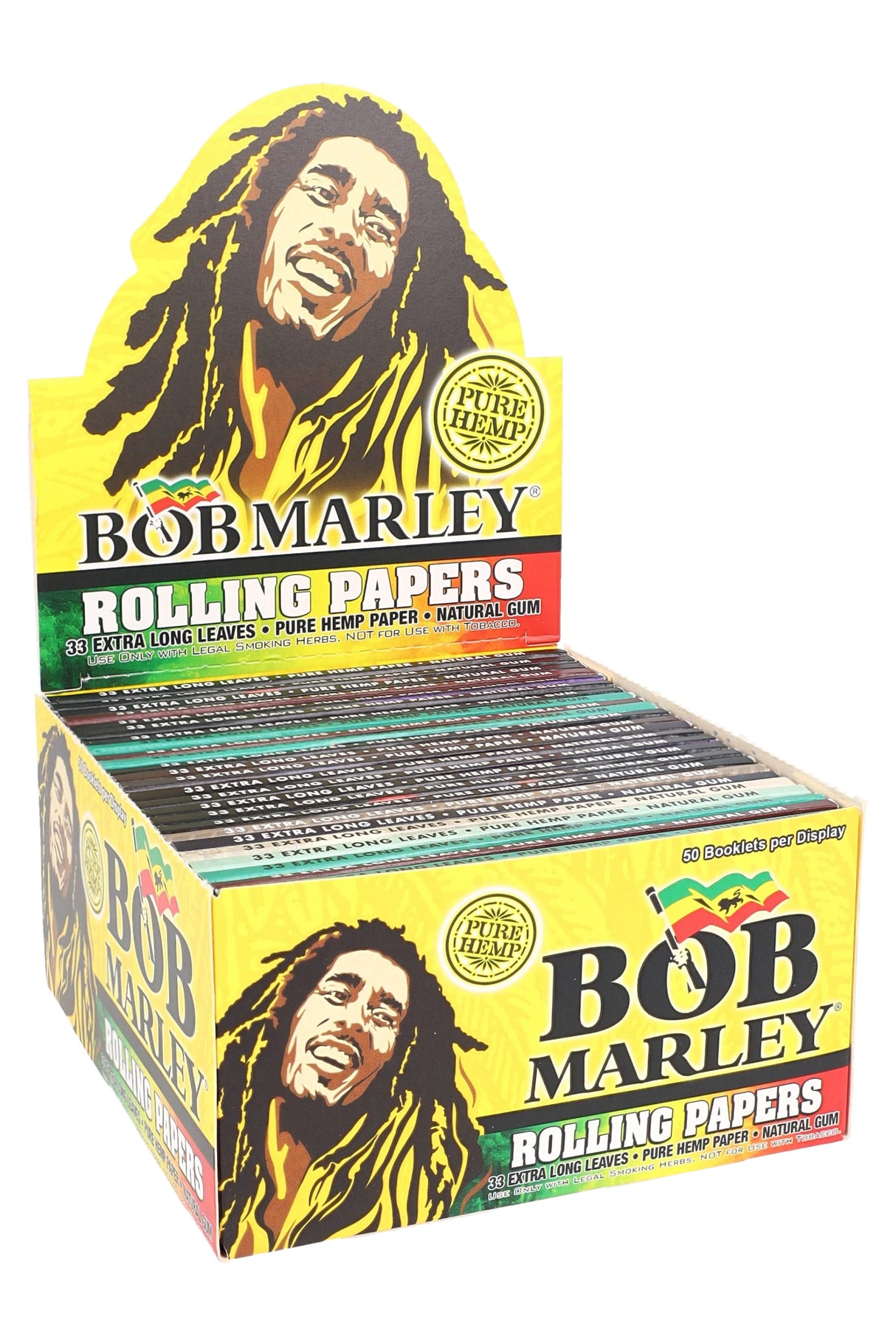 Countertop display box of Bob Marley king size hemp rolling papers showing 50 assorted booklets with bright yellow reggae artwork and “Pure Hemp” badge.
