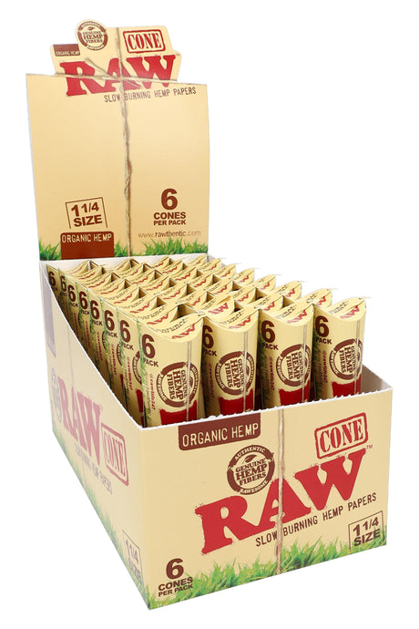 RAW Organic Hemp 1¼ cone display with 32 retail packs shown open in countertop product view