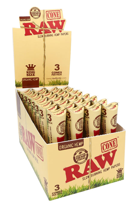 RAW Organic Hemp king size cone display with 32 retail packs shown open in countertop product view