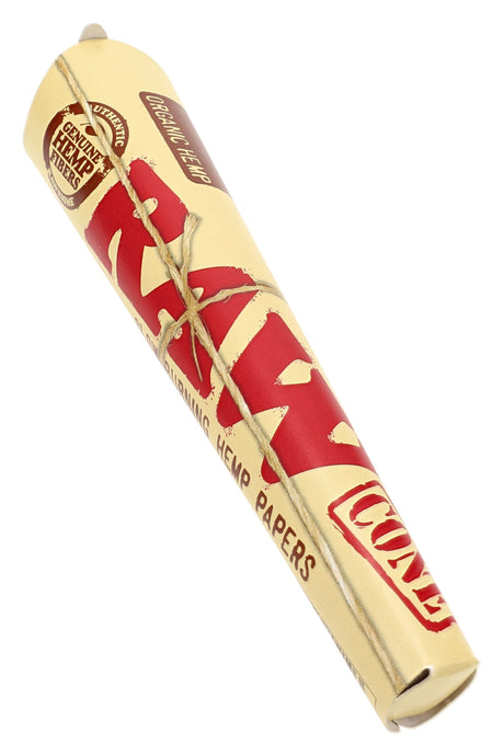 RAW Organic Hemp king size pre-rolled cone pack with 3 cones and green branding shown in angled view