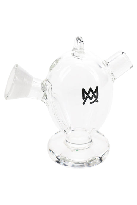 Compact clear glass blunt bubbler by MJ Arsenal, 2.45″ tall with pendant hook and carb, designed to fit most cones and blunts.