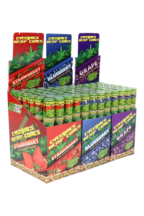 Cyclones hemp pre-rolled cones, 75 mm length with wooden tips, two cones per sealed flavor tube in Blueberry, Grape, Natural, and Strawberry packaging on white.