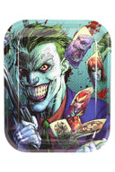 Large metal rolling tray with comic-style green-haired villain art and playing cards motif, glossy finish with rounded corners and deep rim.
