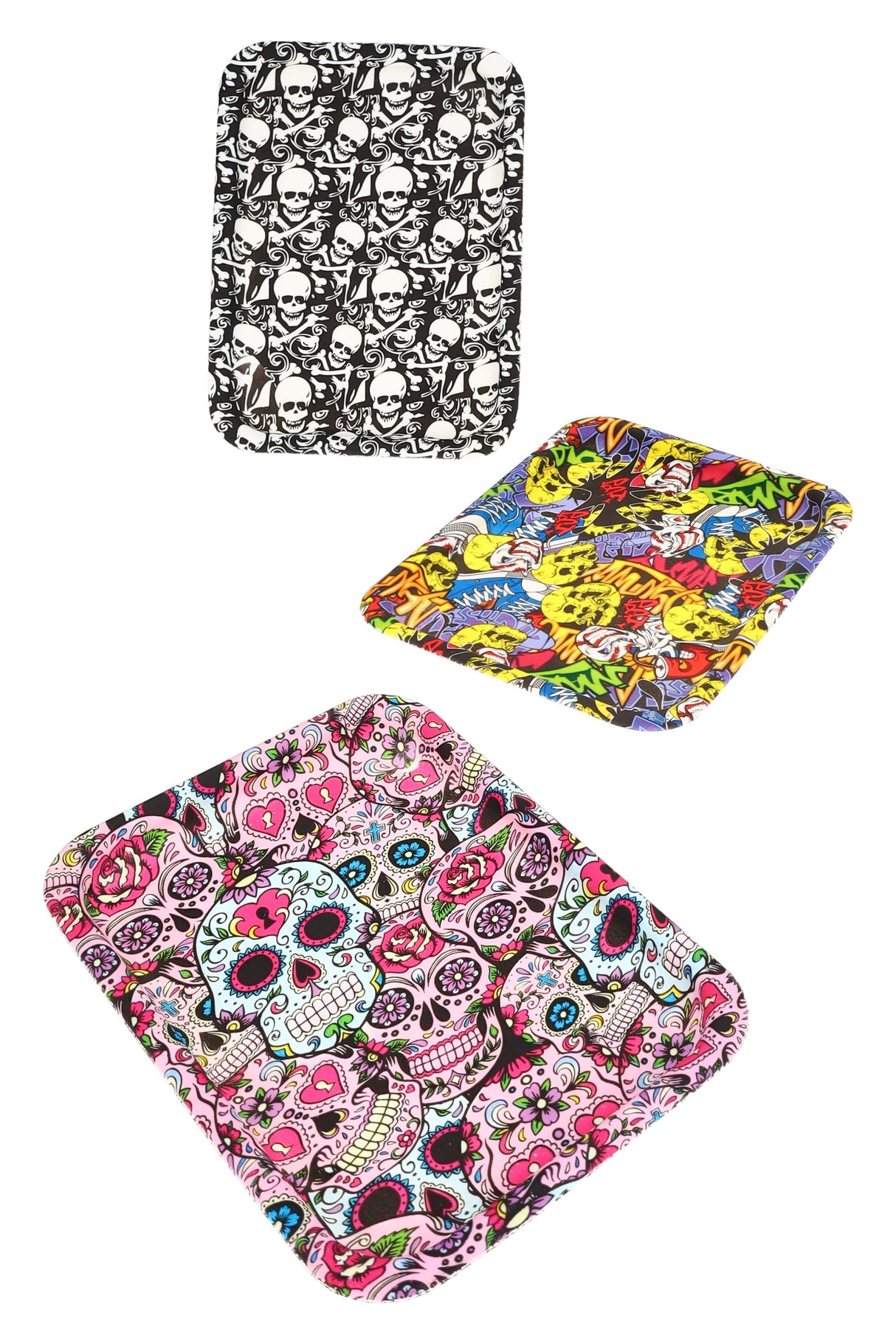 Small silicone rolling tray with black-and-white skull pattern, 8″ × 6″, rounded corners and raised rim to keep herb prep contained.