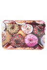 Small metal rolling tray, 7″ × 5″, glossy donut photo print with sprinkles; rounded corners and raised rim for tidy prep.