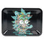 Compact metal rolling tray, 7″ × 5″, black finish with chaotic cartoon face artwork; smooth center well and curved lip.