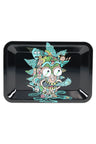 Compact metal rolling tray, 7″ × 5″, black finish with chaotic cartoon face artwork; smooth center well and curved lip.
