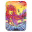 Small metal rolling tray, 7″ × 5″, vertical psychedelic alien landscape art; rounded rectangle with shallow raised edges.