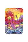 Small metal rolling tray, 7″ × 5″, vertical psychedelic alien landscape art; rounded rectangle with shallow raised edges.