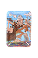 Portable metal rolling tray, 7″ × 5″, trippy traveler cartoon on sky-blue background; smooth surface and tidy raised rim.