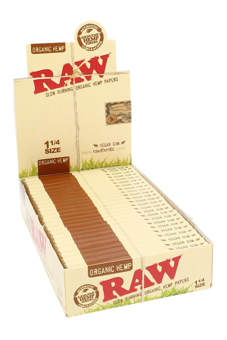 RAW Organic Hemp 1¼ rolling papers display box with 24 retail booklets shown in front countertop view