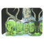 Small metal rolling tray with magnetic lid, eerie sci-fi heads-in-jars artwork on black; portable 7″ × 5″ rectangle.