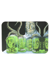 Small metal rolling tray with magnetic lid, eerie sci-fi heads-in-jars artwork on black; portable 7″ × 5″ rectangle.