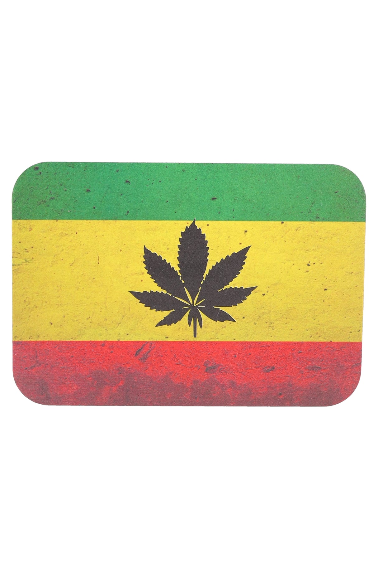 Small metal rolling tray with magnetic lid, rasta flag background with black leaf silhouette; rounded rectangle, 7″ × 5″.