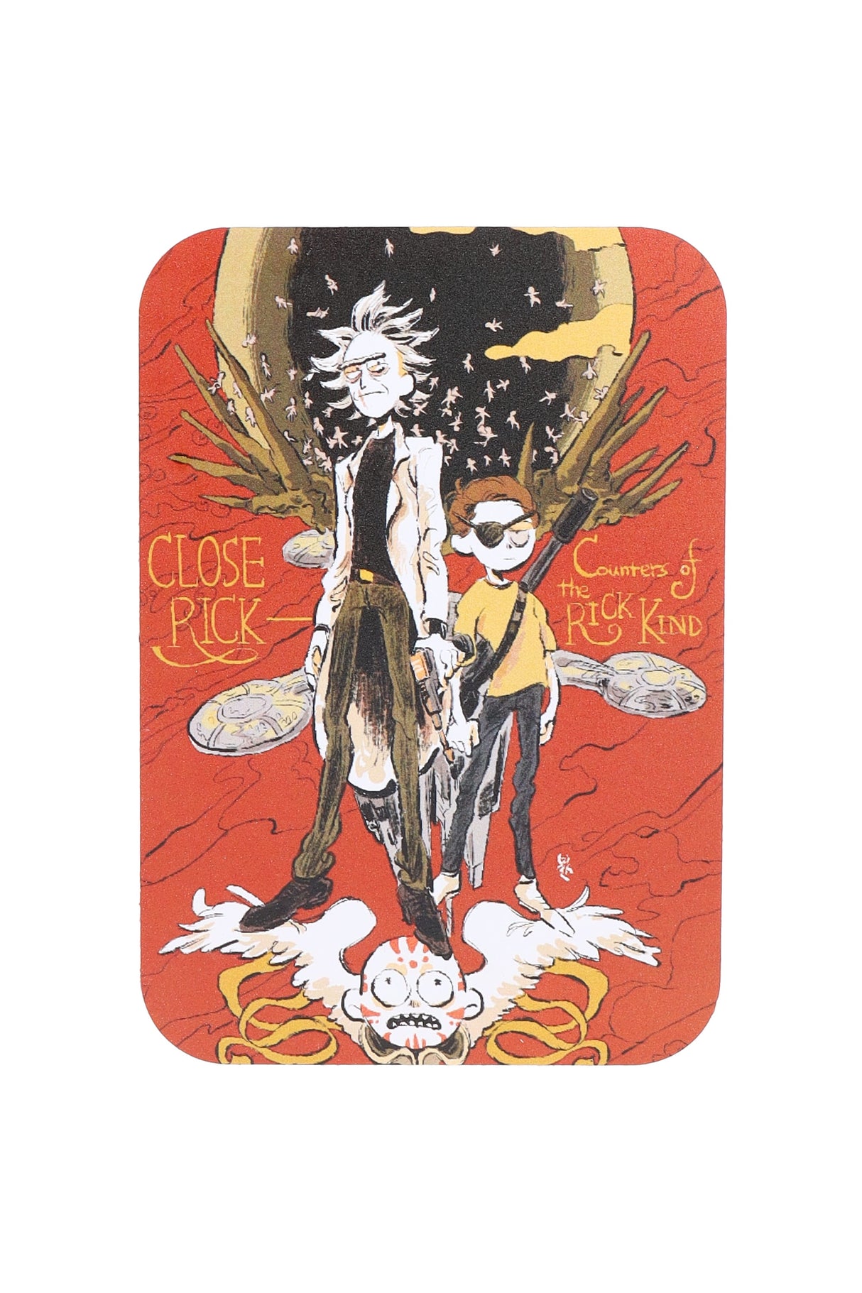 Small metal rolling tray with magnetic lid, comic-style heroes on red backdrop; rounded corners, portable 7″ × 5″.