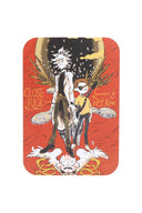 Small metal rolling tray with magnetic lid, comic-style heroes on red backdrop; rounded corners, portable 7″ × 5″.