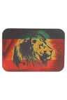 Small metal rolling tray with lid featuring rasta lion profile over red-gold-green stripes; rounded corners, 7″ × 5″.