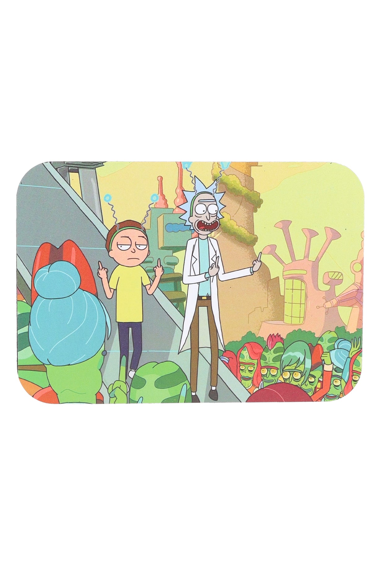 Small metal rolling tray with lid showing a quirky sci-fi cartoon duo in a colorful alien city; compact 7″ × 5″.
