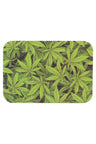 Small metal rolling tray with magnetic lid, full-frame green leaf pattern; smooth surface and raised lip, 7″ × 5″.