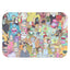 Small metal rolling tray with lid, crowded collage of colorful cartoon characters; compact 7″ × 5″ rectangle.