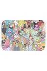 Small metal rolling tray with lid, crowded collage of colorful cartoon characters; compact 7″ × 5″ rectangle.