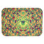 Small metal rolling tray with magnetic lid, kaleidoscopic green mandala centered on a single eye; smooth 7″ × 5″.