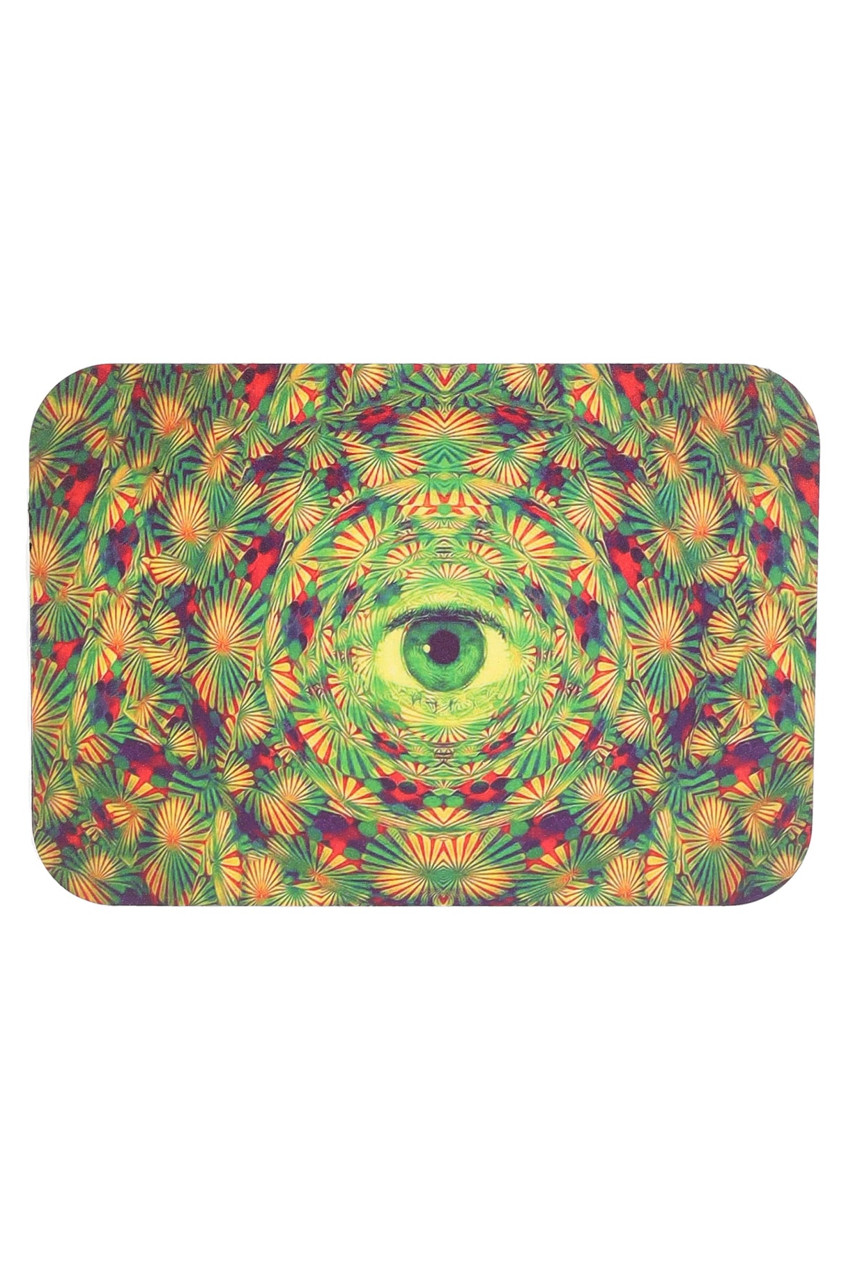 Small metal rolling tray with magnetic lid, kaleidoscopic green mandala centered on a single eye; smooth 7″ × 5″.