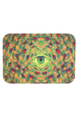 Small metal rolling tray with magnetic lid, kaleidoscopic green mandala centered on a single eye; smooth 7″ × 5″.